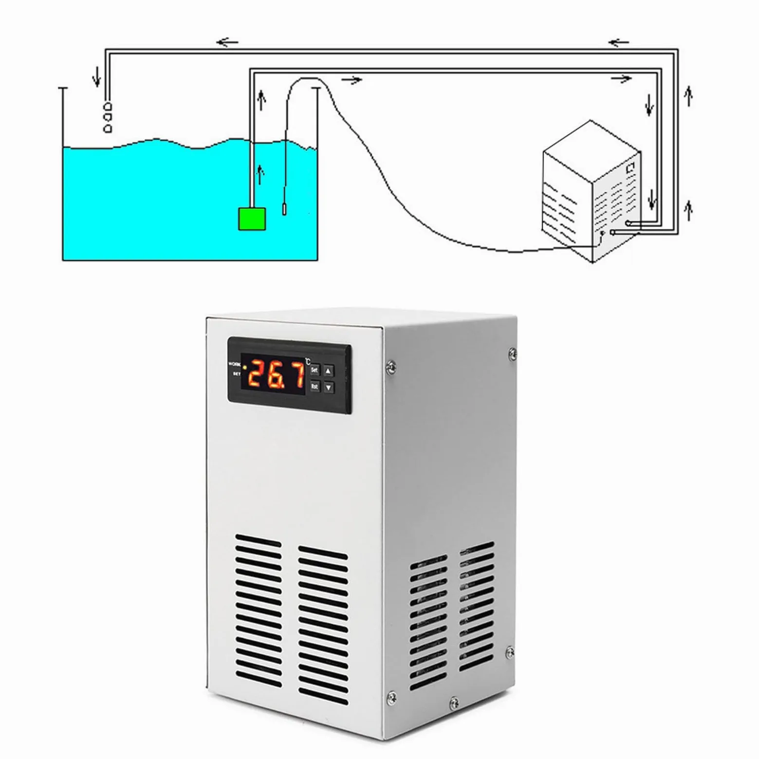 Enfriador de Acuario, Refrigeración de Agua Ultra Silenciosa que Ahorra Energía con Ajustes de Enfriamiento de Temperatura Ajustables, para Acuario de Peces 20L (Enchufe europeo 220V)