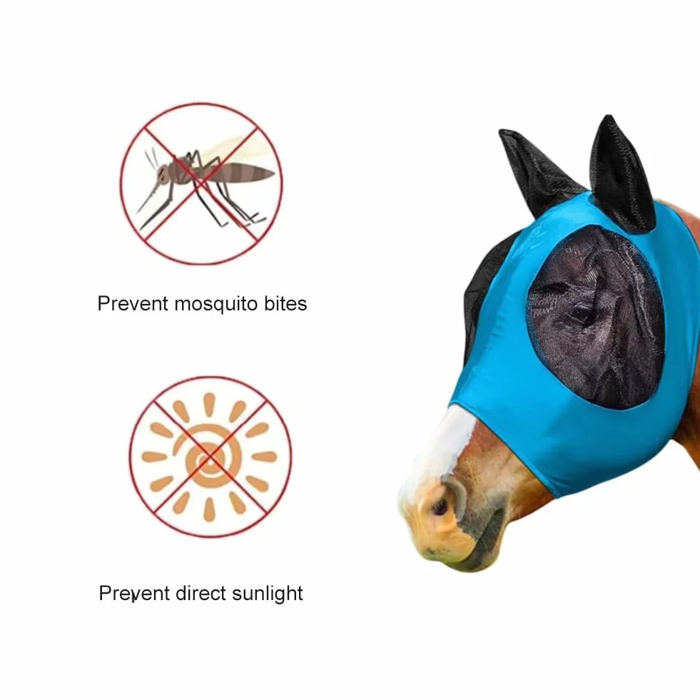 Máscara contra Moscas para Caballos con Orejas Protección UV Azul