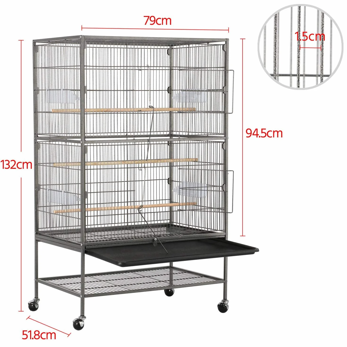 Yaheetech Jaula Grande para Pájaros, Mascota con Ruedas, Unisex, 52 cm x 79 cm x 132 cm, Hierro, Negro