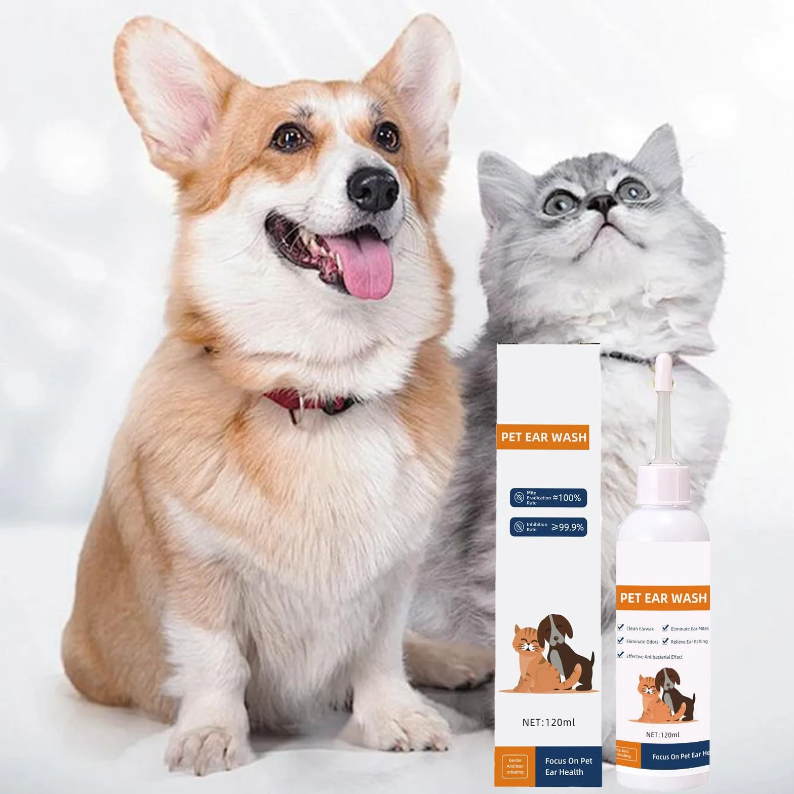 Generisch 2026 Gotas de limpieza de cerumen para gatos y perros, limpieza de oídos, solución de limpieza del conducto auditivo, 120 ml (blanco, 16 cm)