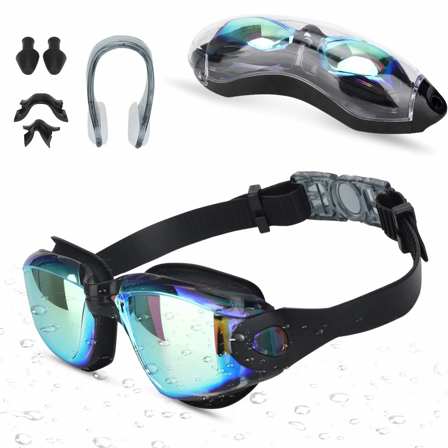 Gafas de Natación Unisex Adultos UV Protegido Espejo Gran Angular 180° Antivaho Buceo con Estuche