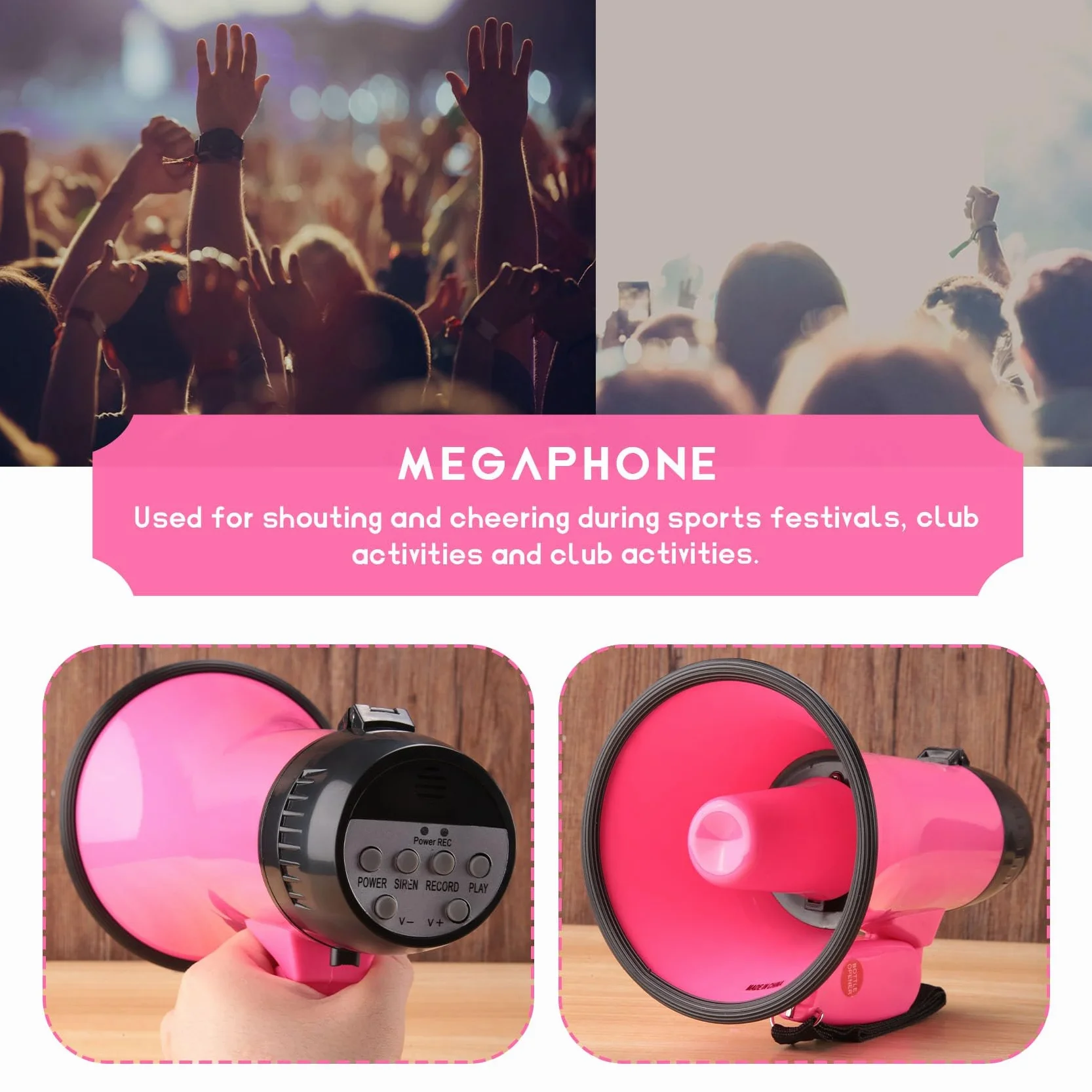 Altavoz Megáfono PA Bullhorn 25W Sirena Grabadora Voz Abrebotellas Rosa