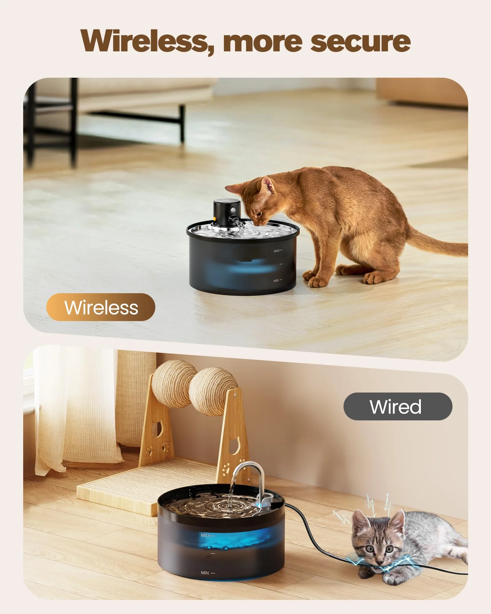 Fuente para Gatos sin Cable: Bebedero Gatos Inalambrico - 3.2L Fuente Gato con Sensor de Movimiento - Automatico Dispensador Agua Gato con Bateria 4000mAh Recargable - Inoxidable Bandeja para Beber