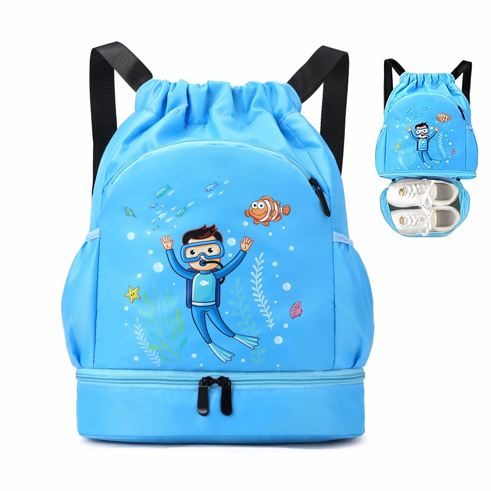 Bolsa de Gimnasio Impermeable Mochila con Cordón para Niño Gran Capacidad Azul