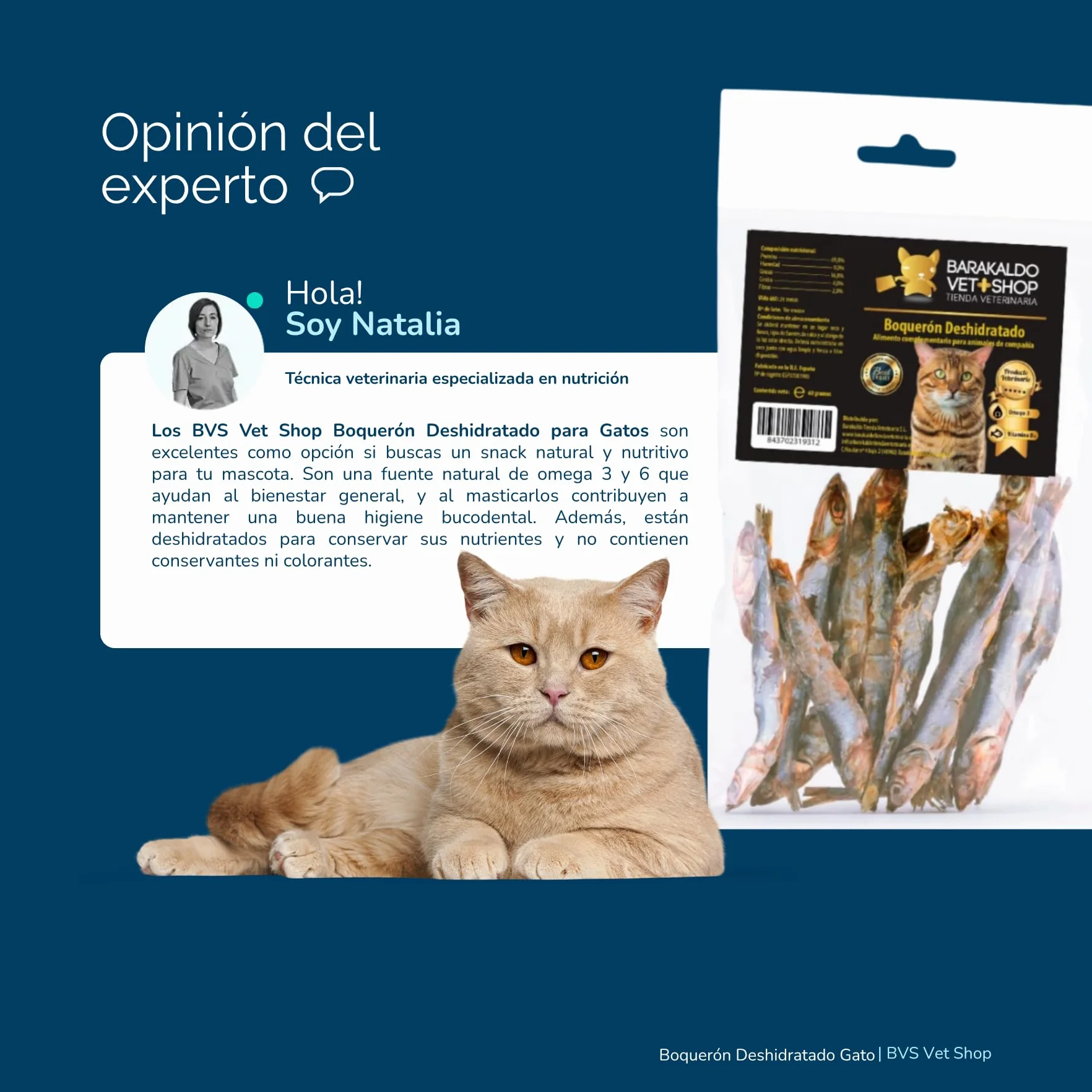 BVS Vet Shop | Boquerón Deshidratado para Gatos | Ayuda a Mantener una dentadura Sana y una higiene bucodental óptima | 60 gr