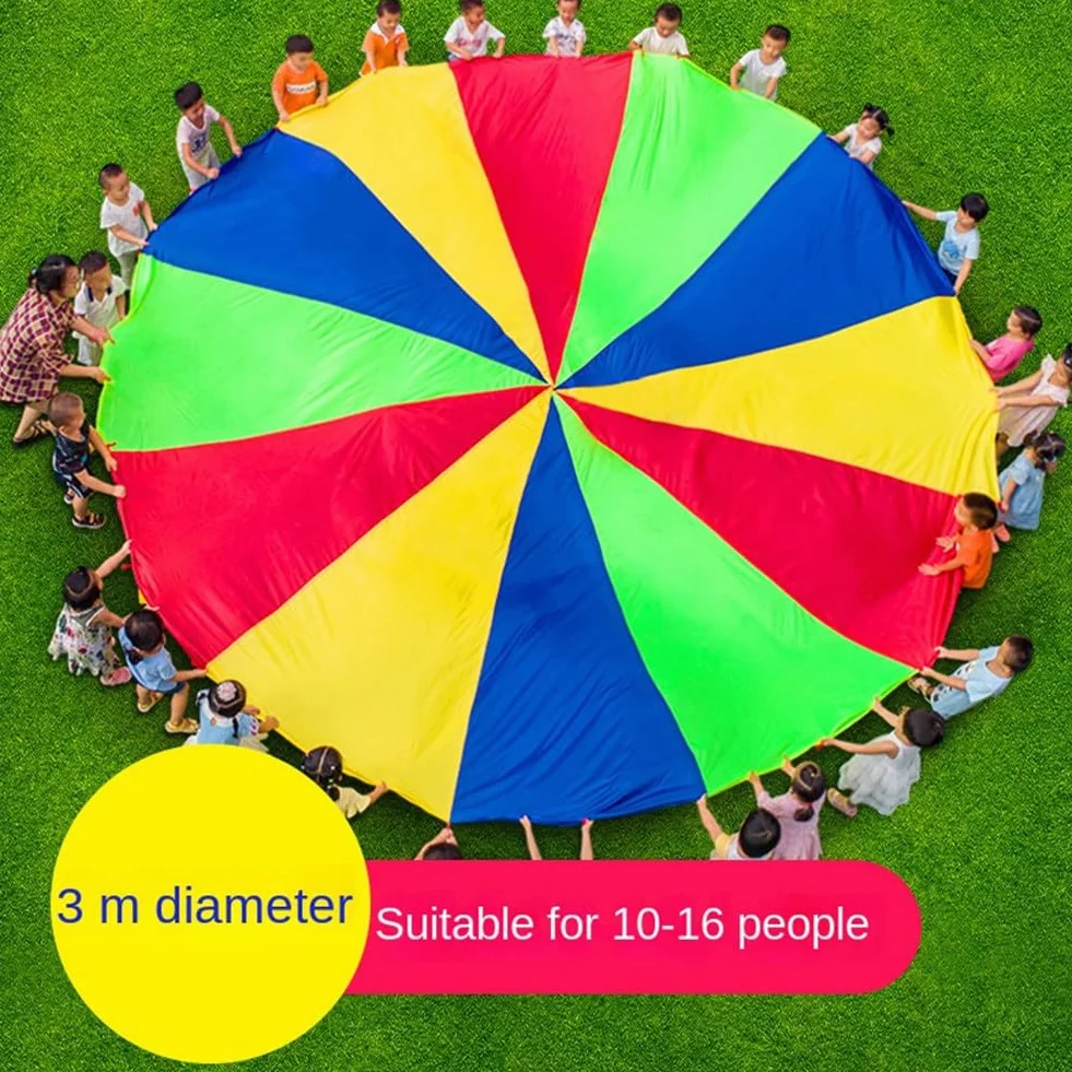 Juego de Paracaídas para Niños de 3 Metros, Tela de Iris, Tapete de Fiesta Colorido con Asas