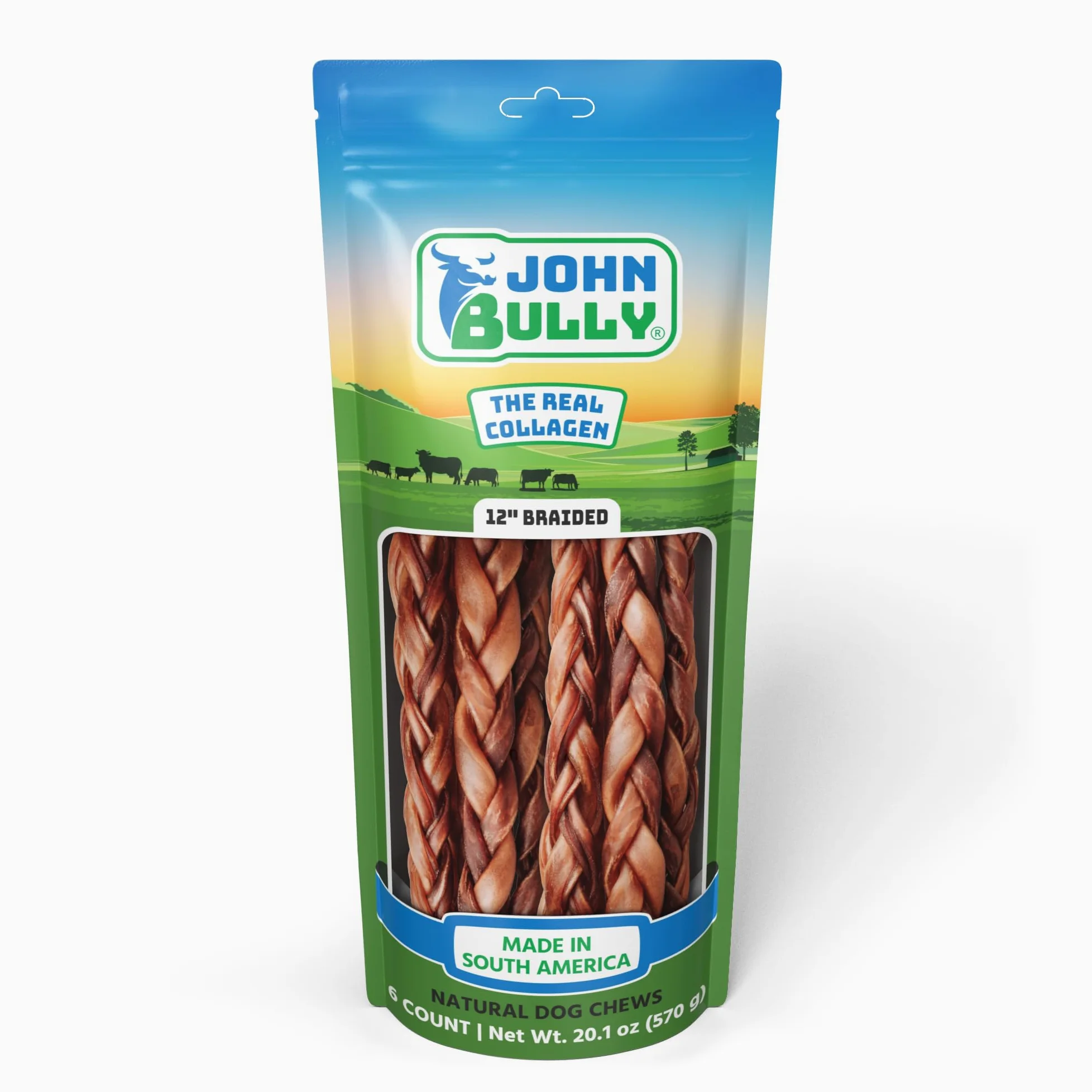 john bully Colágeno trenzado de 12 pulgadas, 6 unidades, la mejor opción para tu perro, 100% natural, rico en proteínas, altamente digerible, sin gluten, calidad de grado premium, sin olor, el