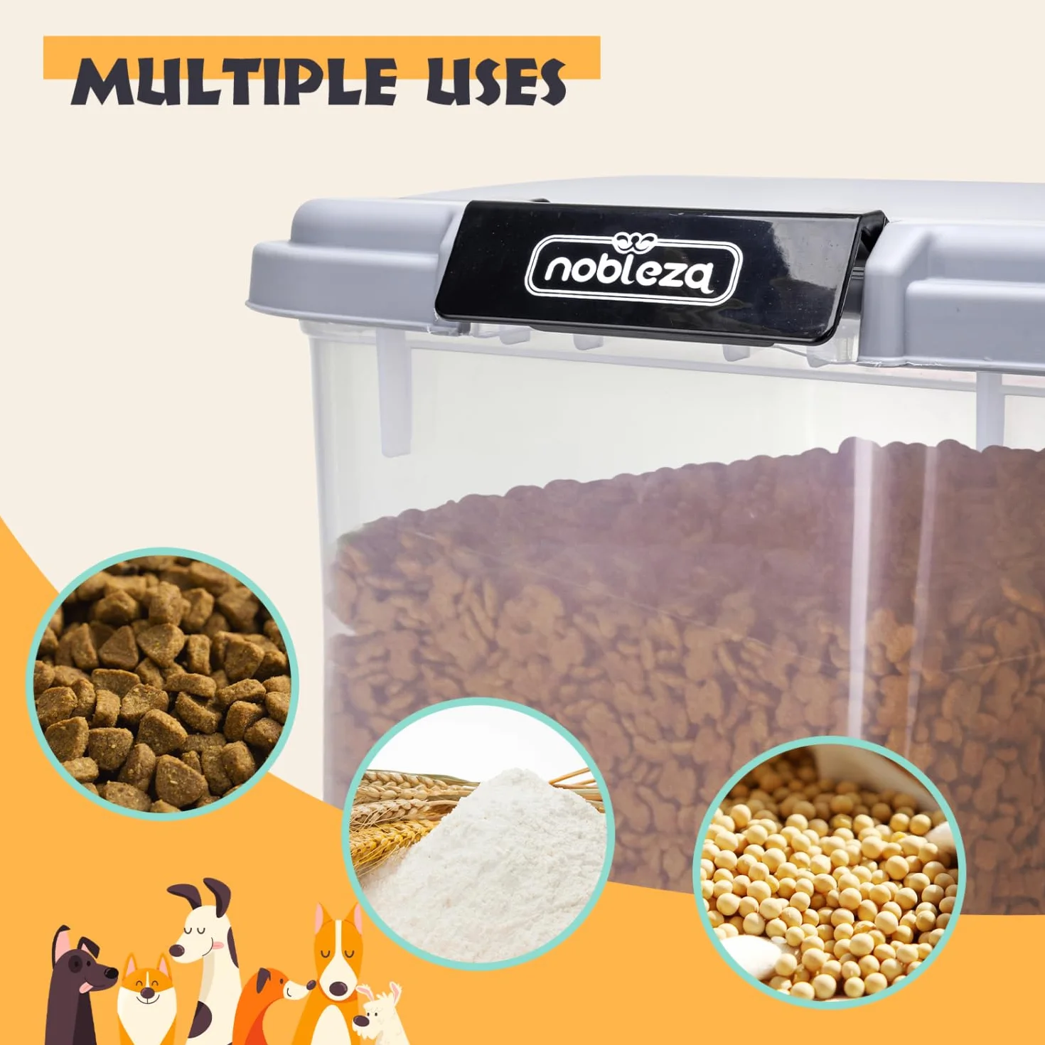 Nobleza - 2 Piezas Contenedor de Comida para Mascotas 40L, Mascotas Caja de Alimentos con Ruedas Contenedor, Tapa abatible, hermética, Transparente, Ruedas y Pala, para Comida para Perros y Gatos