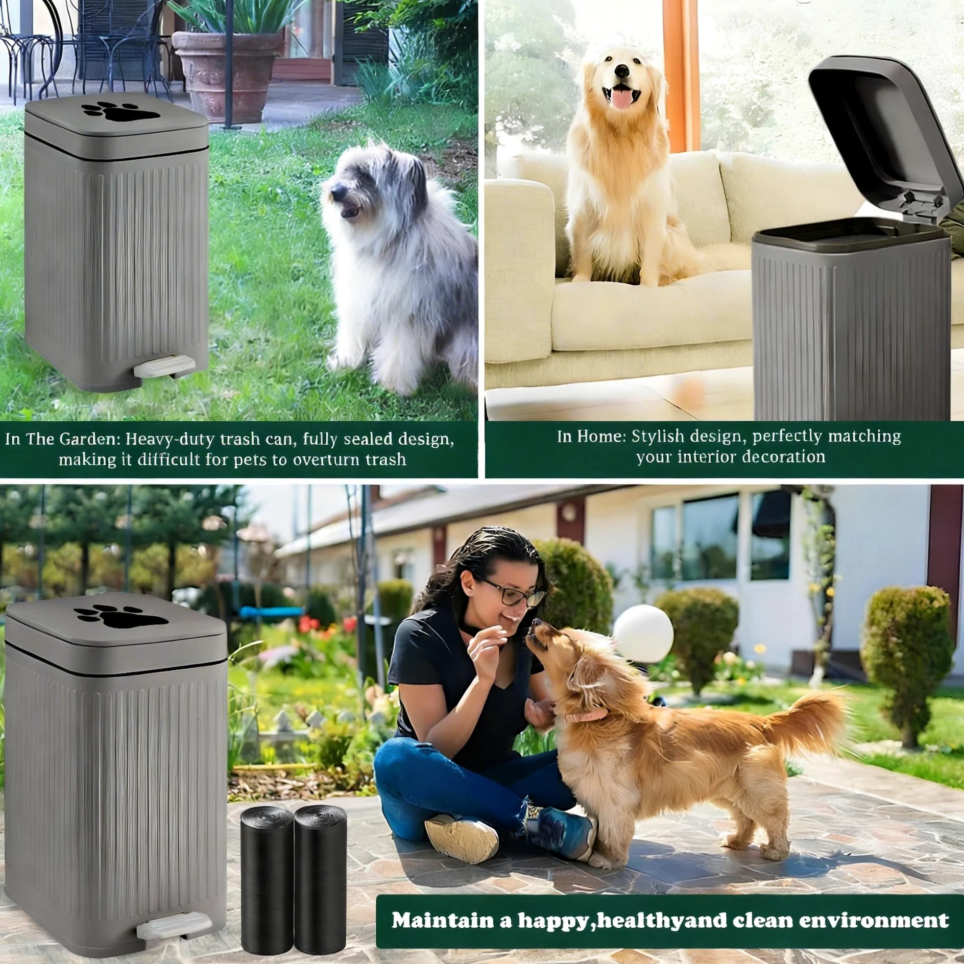 Cubo de basura para excrementos de perro en el exterior, cubo de 5 litros con tapa, pedal de pie, contenedor de residuos para perros con 40 bolsas, tapa de cierre suave para mascotas (cubo