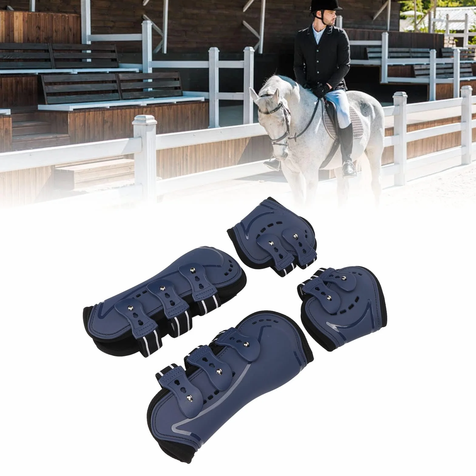 Botas Protectoras Para Tendón De Caballo, Bota De Menudillo Frontal Abierta Ajustable, Botas Protectoras Transpirables Para Tendón De Salto De Caballo, Juego Azul De 4(M)