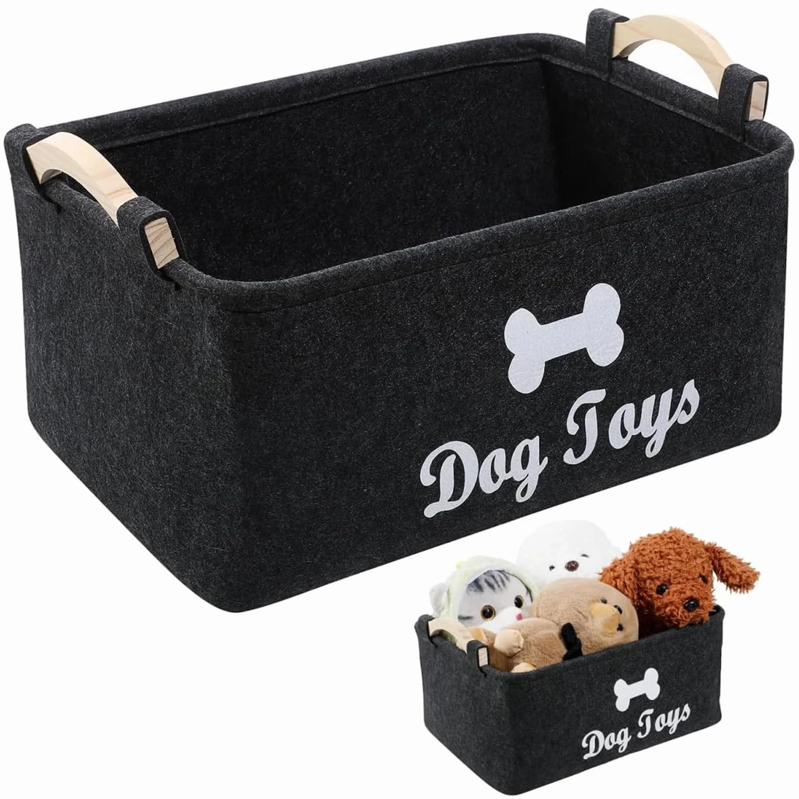 Cesta de Fieltro, Caja de Juguetes para Perros con Mango Madera, Cesta de Almacenamiento Juguete para Perros Versátil, Organizar Comida, Juguetes Accesorios Mascotas