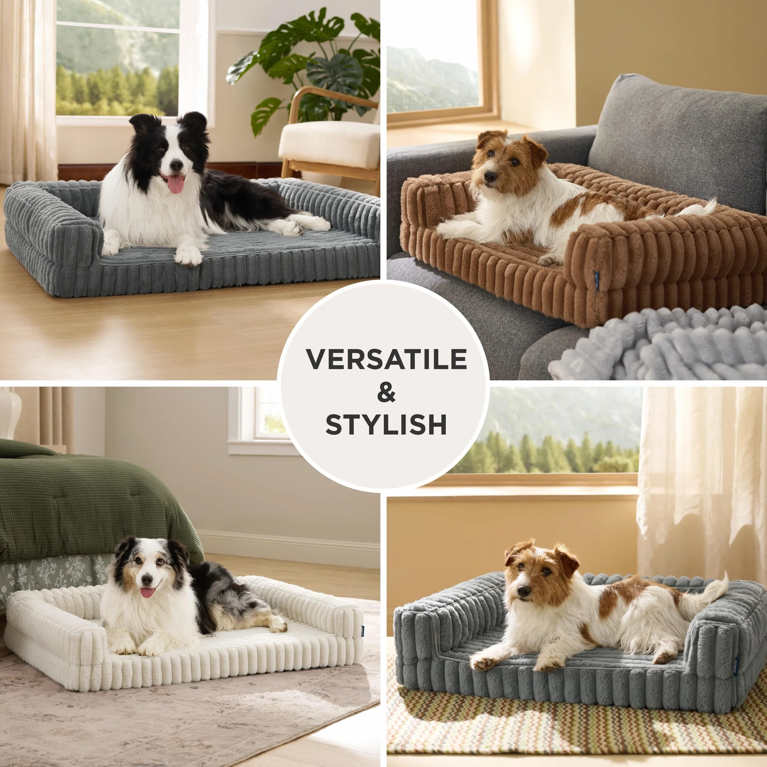Bedsure Cama Perro Ortopédica Grande - 89x64x18cm Camas para Perros Tipo Sofá con Espuma Viscoelástica y Bordes, Impermeable, Base Antideslizante, Funda de Pana Extraíble y Lavable, Gris