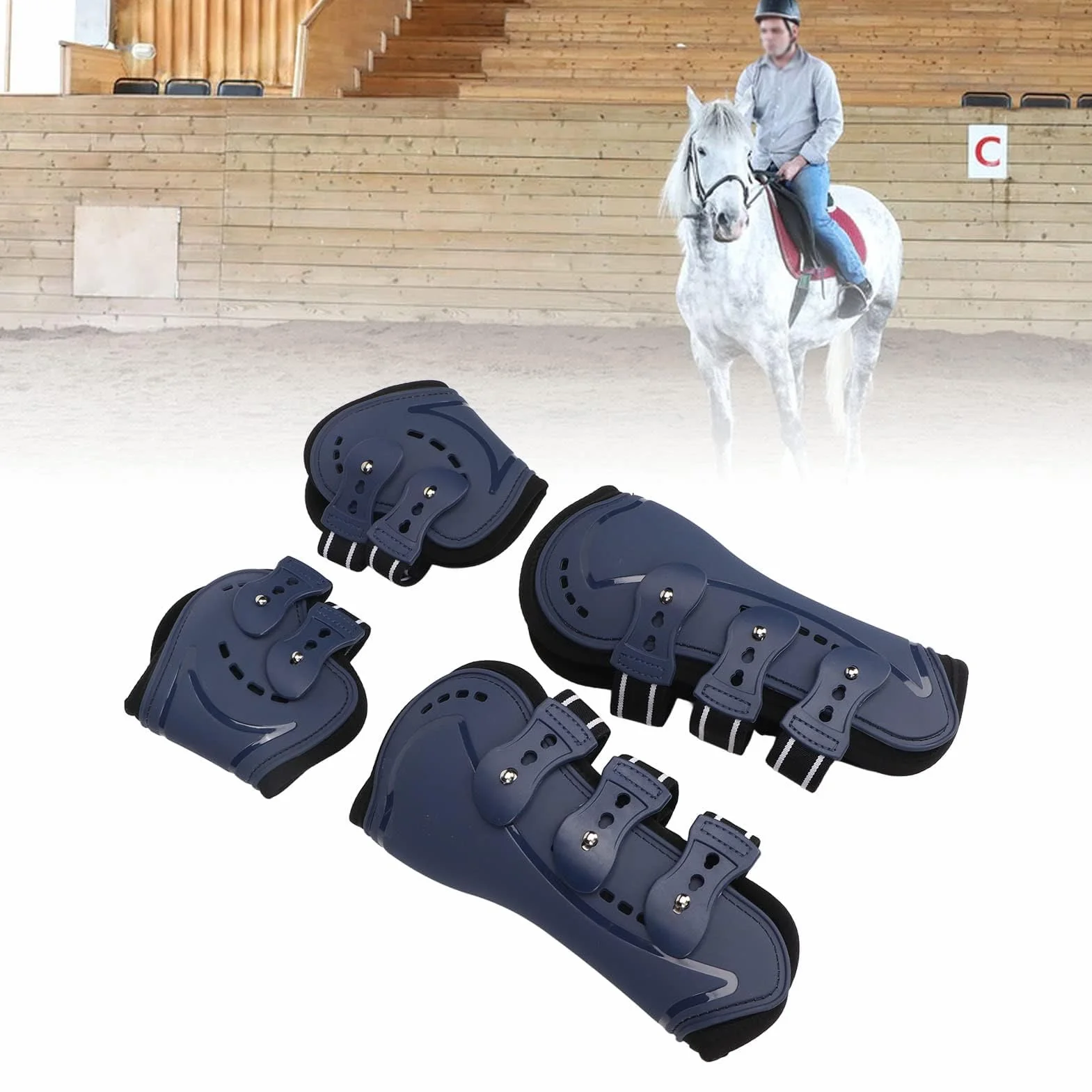 Botas Protectoras Para Tendón De Caballo, Bota De Menudillo Frontal Abierta Ajustable, Botas Protectoras Transpirables Para Tendón De Salto De Caballo, Juego Azul De 4(M)