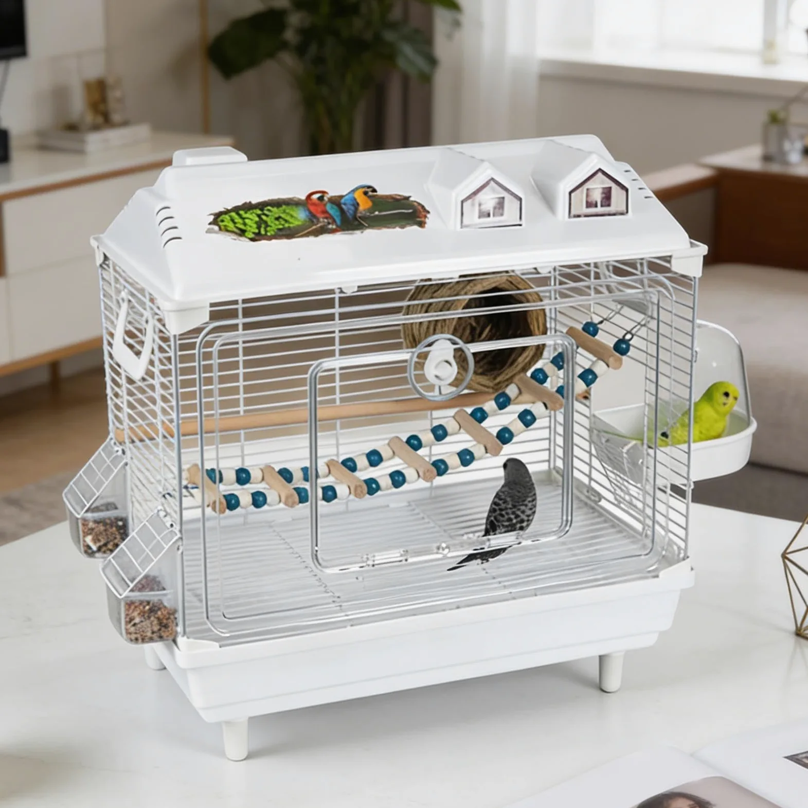 Jaula para Aves y Pájaros Hogar Portátil Transparente para Ninfas | Jaula Para Conuros Con Percha De Madera para en Interior para Cacatúas, Guacamayos, Conuros, Agapornis y Pinzones