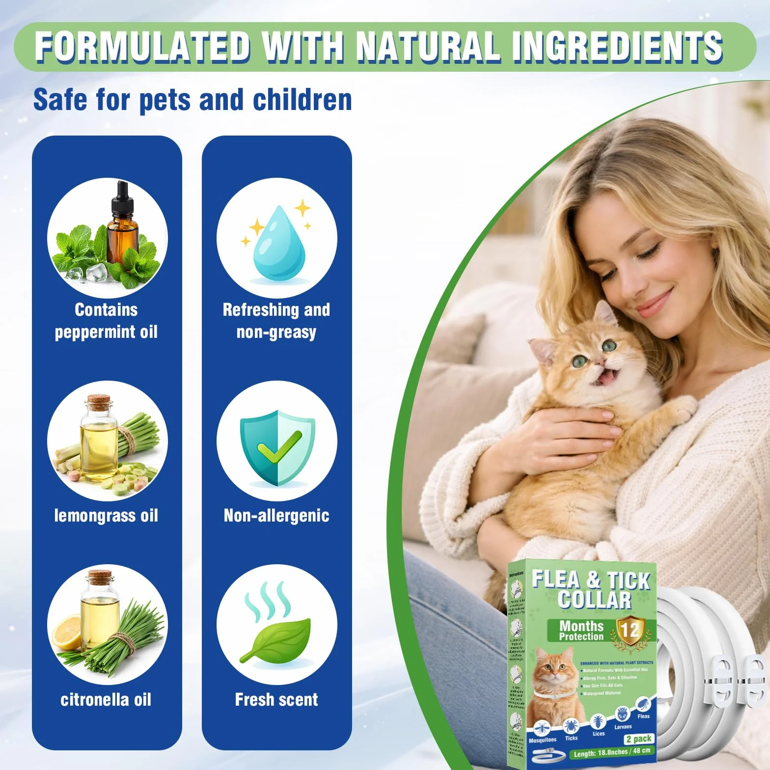 Inpumo Collar Antiparasitario para Gatos, Collar Antipulgas y Garrapatas Ajustable, Gregado con Aceites Naturales, Impermeable, Apto para Todos Los Gatos,12 Meses de Protección (1 Pack)