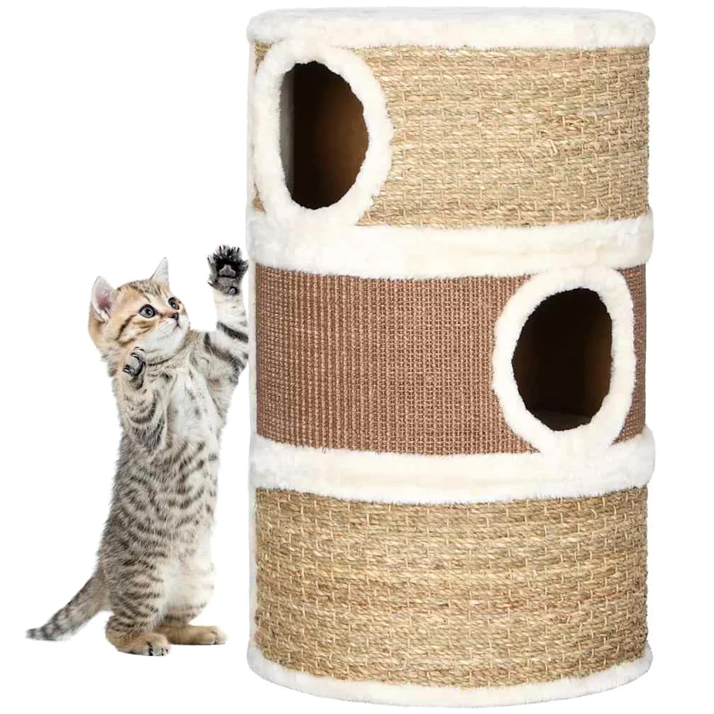 Rascador para gatos de 60 cm, torre de algas marinas con 3 cuevas | Torre rascador de madera aglomerada y algas marinas con felpa suave para el salón, ideal para gatos grandes.
