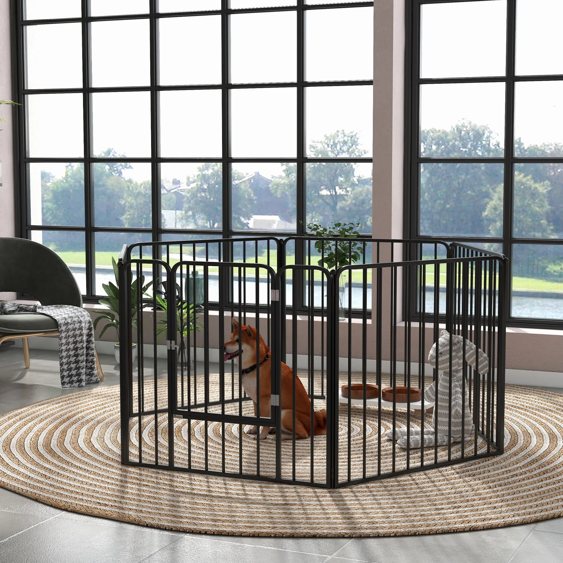 PawHut Parque modular para perros y cachorros con 1 puerta 80x80 cm Negro | Valla, 6 paneles, Parque de acero para juego y ejercicio para perros, cachorros, mascotas, altura 80 cm