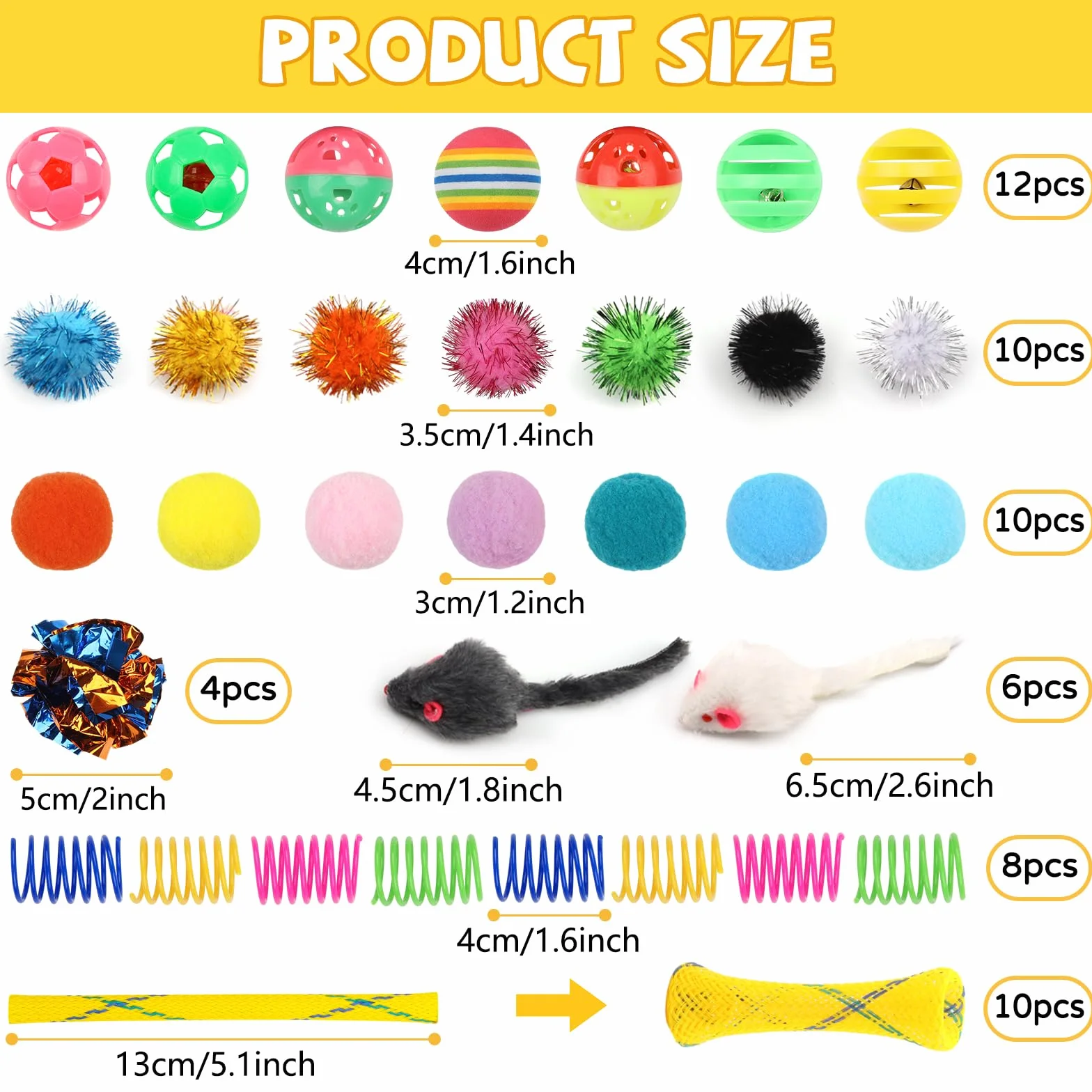 QUOZUO Juego interactivo para gatos, 60 resortes, bolas brillantes, juguetes de ratón, bolas arrugadas y pompones para gatitos
