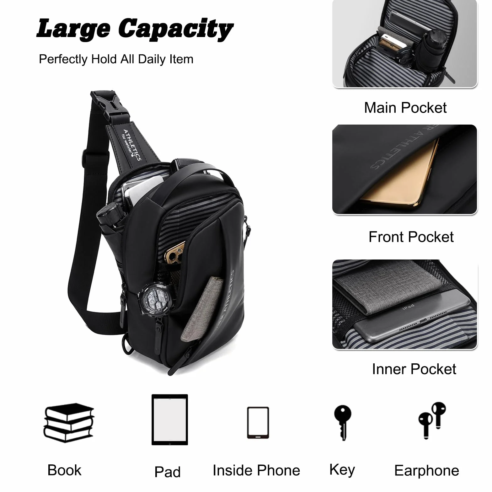 FANDARE Bandolera Hombre Bolsa Cruzada con Puerto de Carga USB Nailon Negro