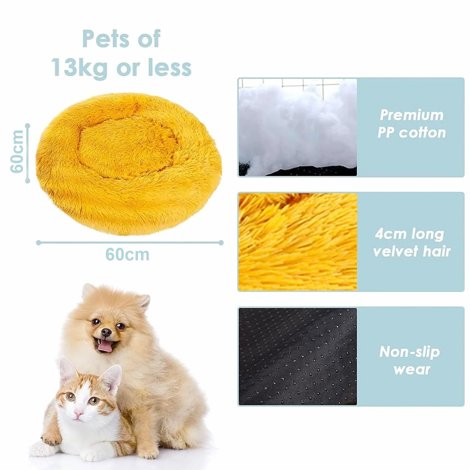 Cama Amarilla para Perros y Gatos 60 cm, Cama Redonda Tipo Donut para Mascotas, Perros Pequeños y Medianos, Felpa Suave de Pelo Largo, Funda Extraíble Lavable, Base Antideslizante para Casa