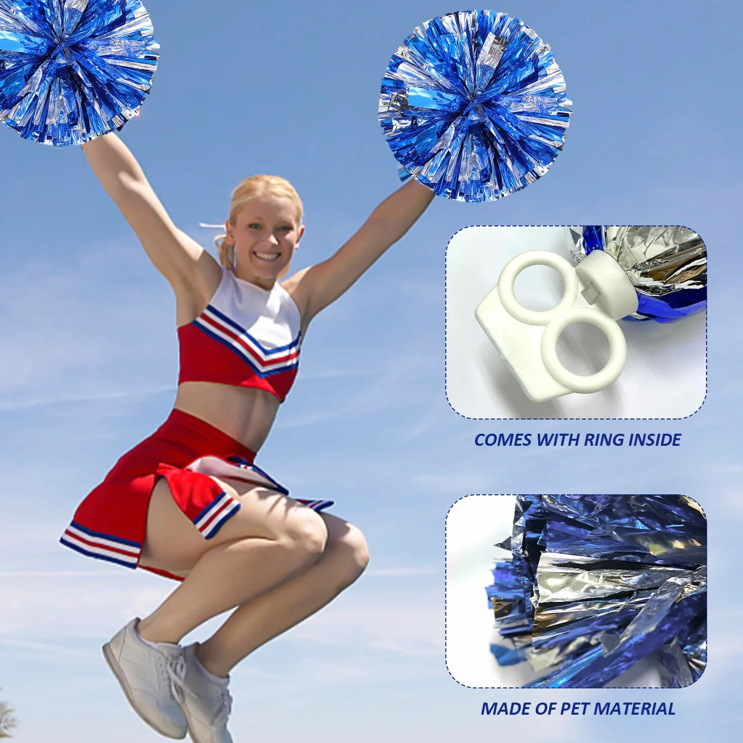 Pompones de animadora azul brillante y plateado, NYGGTYK, para eventos deportivos y competiciones