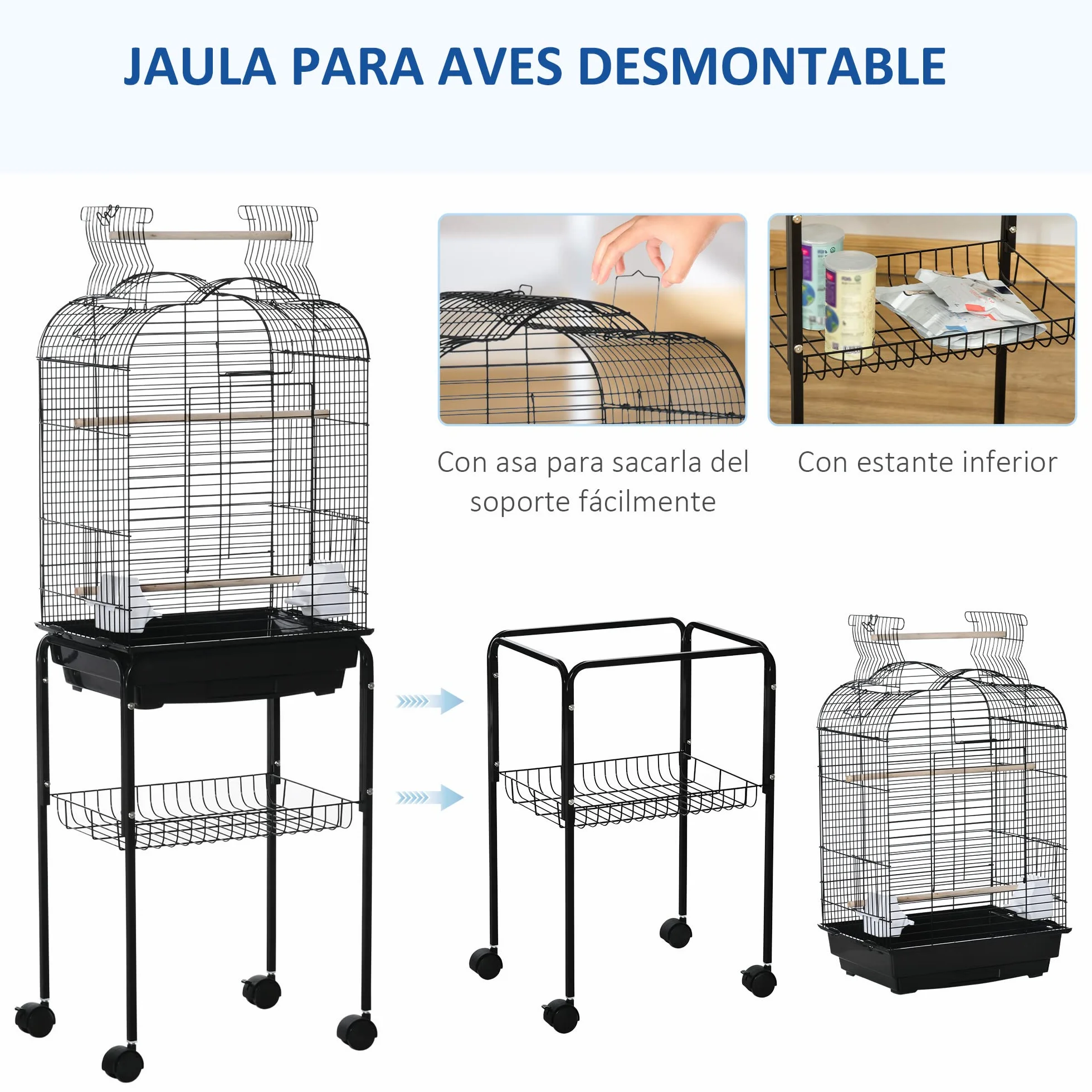 PawHut Jaula para Pájaros con Soporte Jaula de Aves Canarios con 4 Ruedas Techo Abrible 2 Comederos 3 Perchas Bandeja Extraíble y Estante Inferior 46x36x130 cm Negro