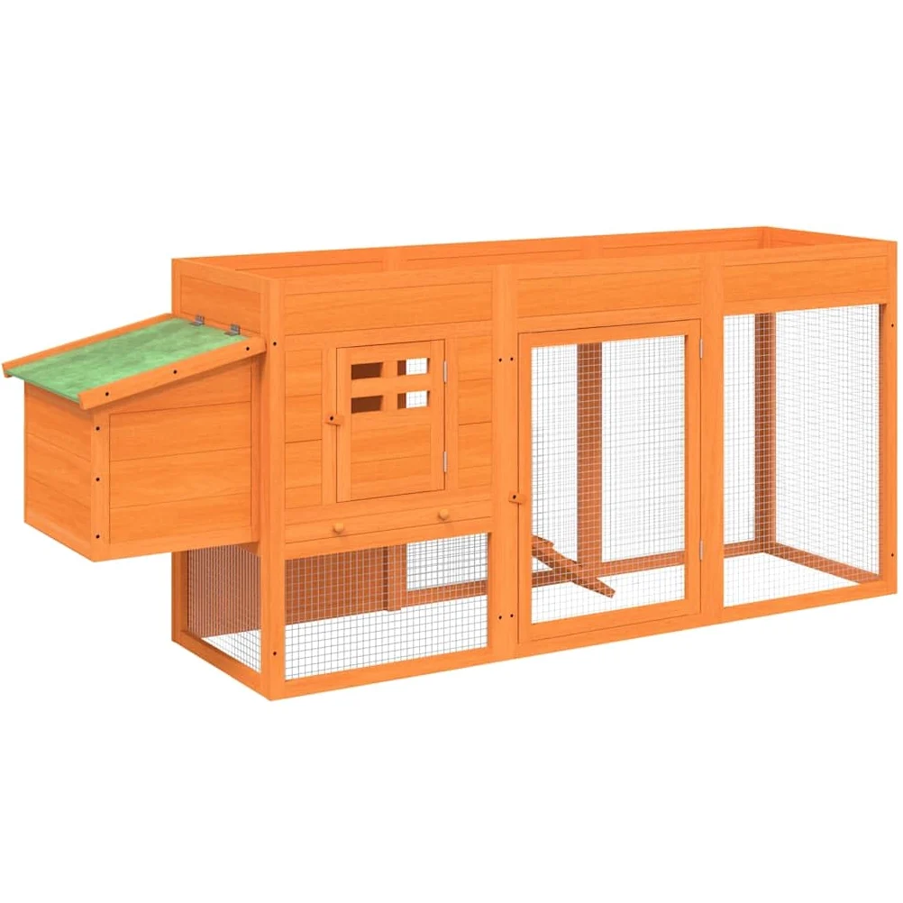 Gallinero de madera maciza de pino, establo para animales pequeños con nido, caño y rampa, gallinero para pollos, conejos y codornices, marrón verde, 204 x 50 x 84 cm