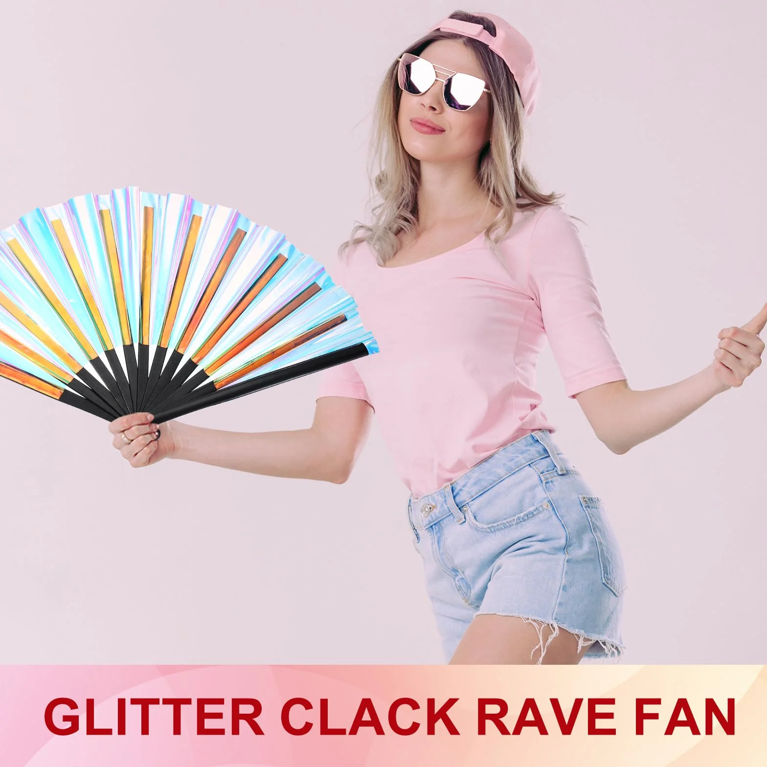 PATIKIL 13" Abanico De Purpurina Clack Rave con Bolsa, Soporte Grande Plegable para Abanico De Mano, Festival EDM