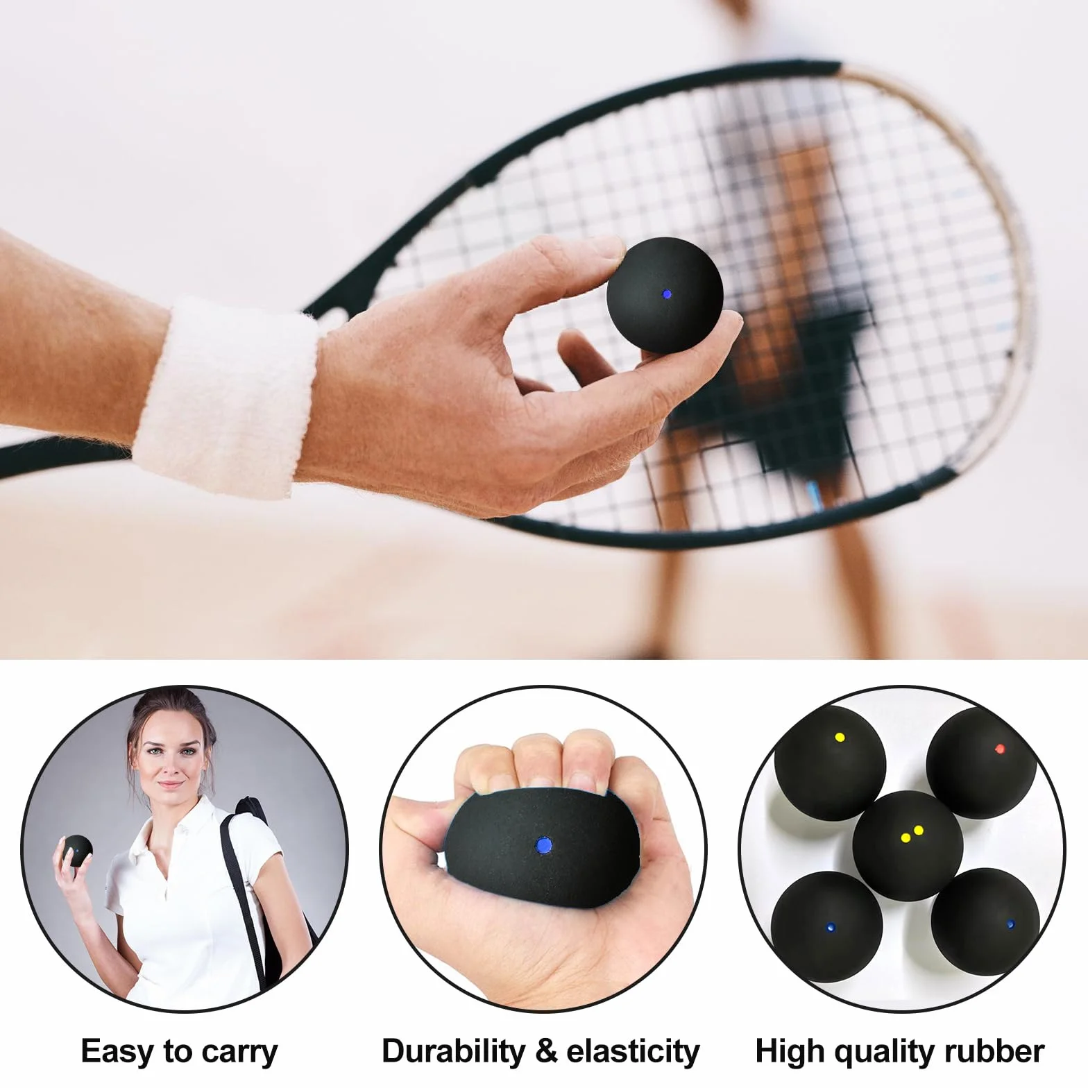PORFOYO Juego de 4 pelotas de squash deportivas de goma para entrenamiento y competición