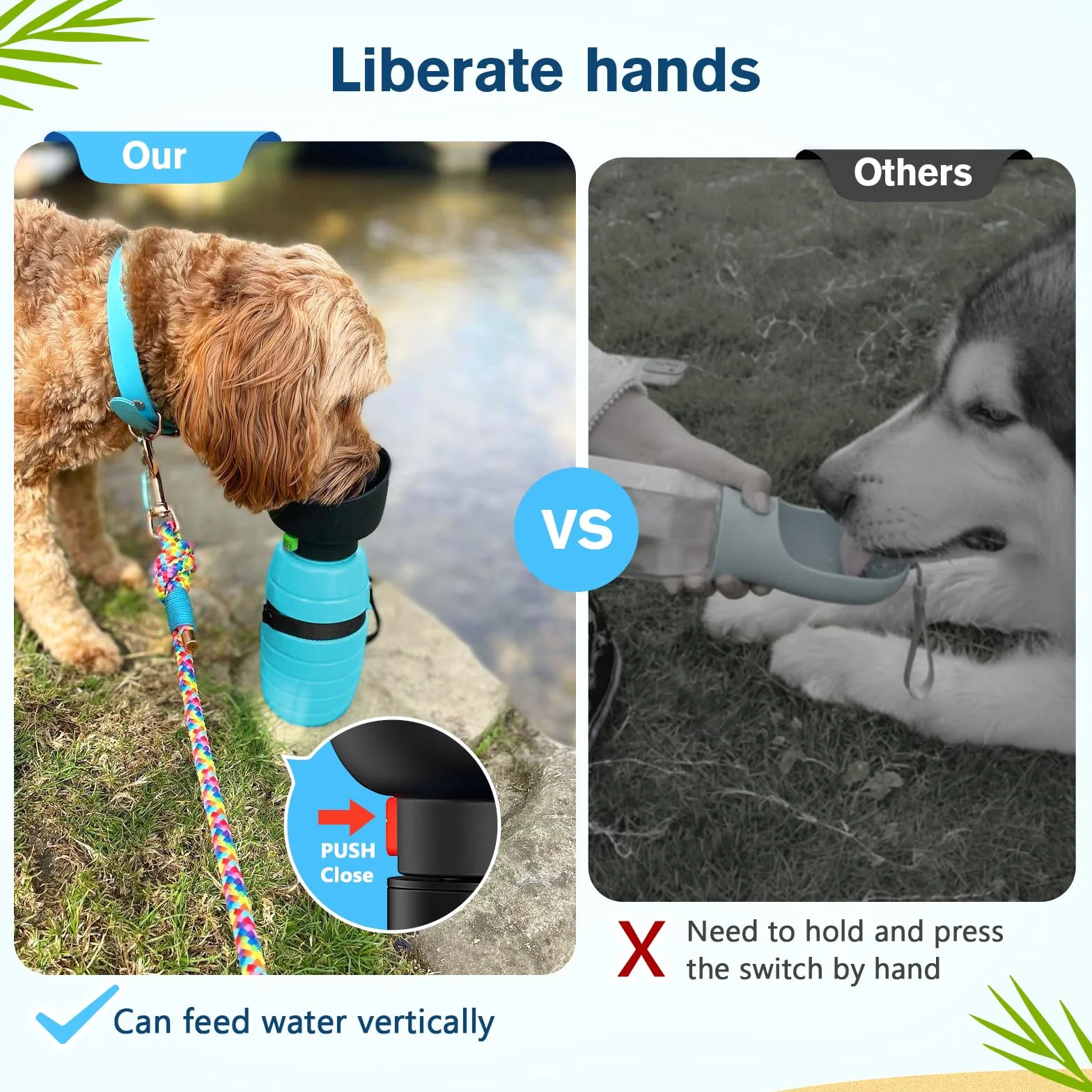 Pecute Botella de Agua para Perros (Azul 500ml) con Cuenco de Agua Plegable Botella de Agua de Silicona de Grado Alimentario para Perros Gatos, 100% Libre de Fugas de Agua