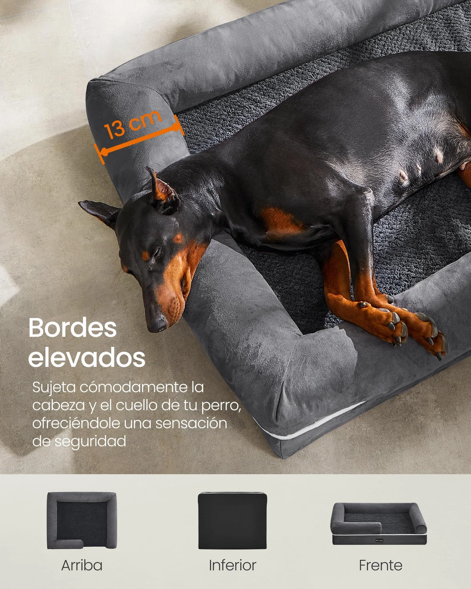 Feandrea Cama Ortopédica para Perros, Sofá, Cama para Mascotas, Acolchado Suave, Bordes Elevados, Funda Extraíble y Lavable, 122 x 85 x 20 cm, Antideslizante, Gris Osucro PGW078G01