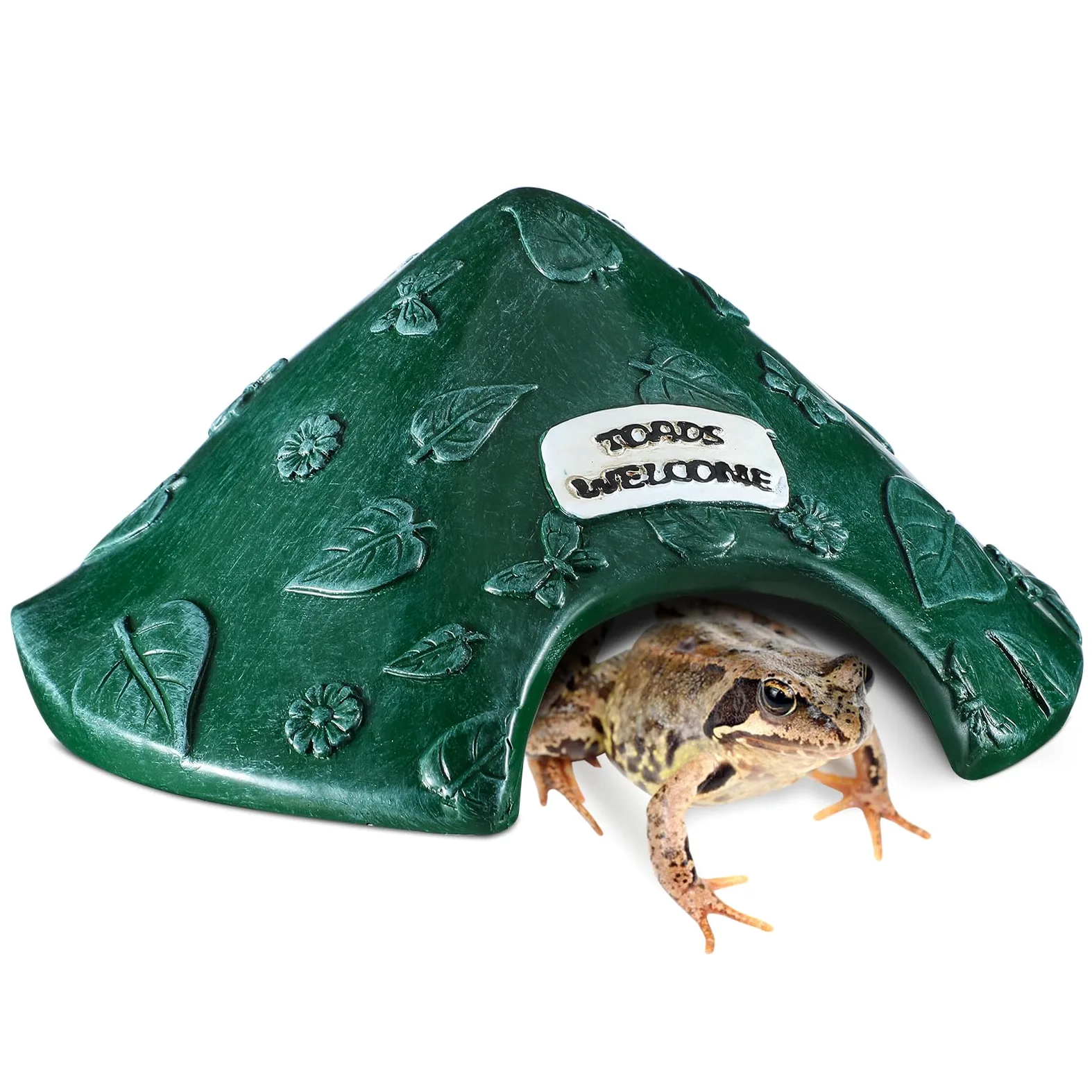Casa de rana y sapo de resina, cueva para reptiles, 8 x 8 x 3.9 pulgadas, casa de sapo para jardín exterior, acuario, escondite para sapo, rana, tortuga, lagarto, araña y peces (verde)