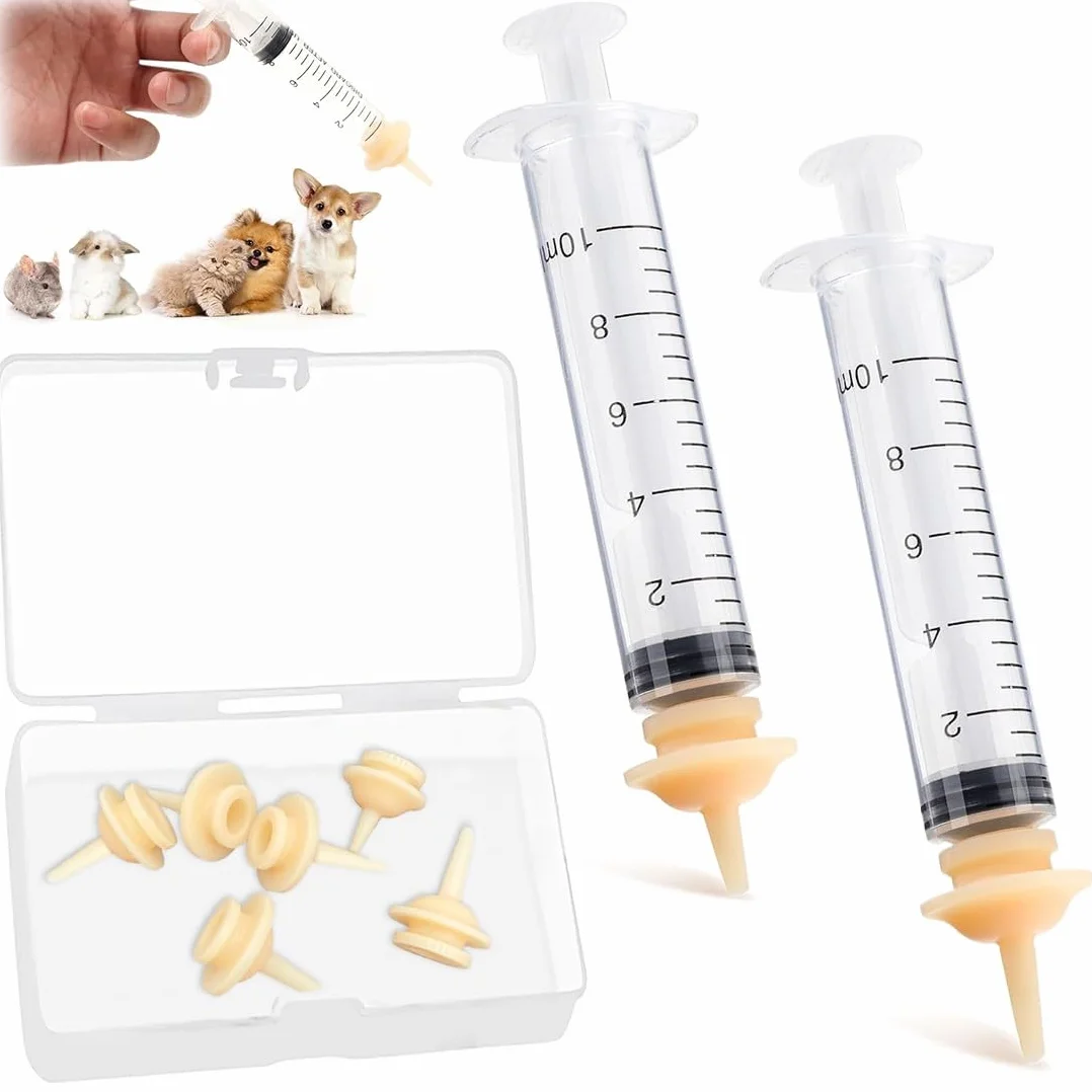 10 Piezas Unidades Kitten Feeding Kit, Syringes & Nipple Set para Gatitos, Biberon Gatos Recien Nacidos, 2 Jeringas de alimentación y 8 Pezones de Silicona, Cachorros y Suministros Reutilizables