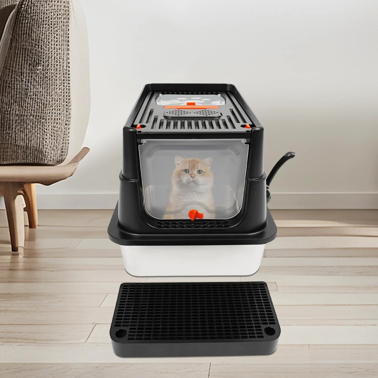 Caja de arena cerrada de acero inoxidable con tapa, caja de arena para gatos con pala, pedal de basura y almohadillas de agarre con apertura en forma de U, adecuado para gatos de hasta 15 kg (negro)