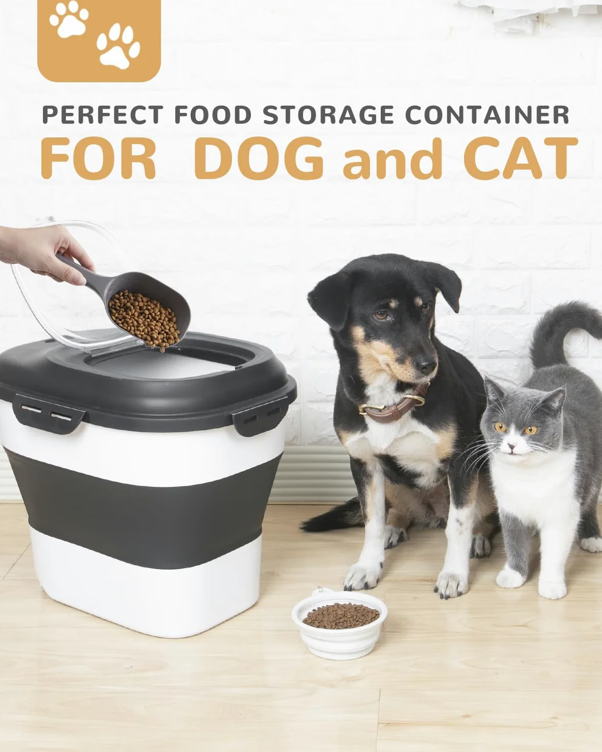 Contenedor plegable de almacenamiento de alimentos para perros de 30 a 35 libras con tapas herméticas, ruedas, cuchara y 2 recipientes de almacenamiento de alimentos, almacenamiento grande de