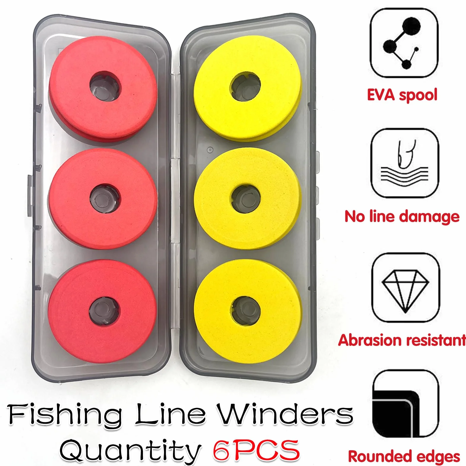 Carretes de Línea de Pesca de Espuma, 6 Piezas, Tabla de Bobinado para Almacenar Líneas y Accesorios (Rojo + Amarillo)
