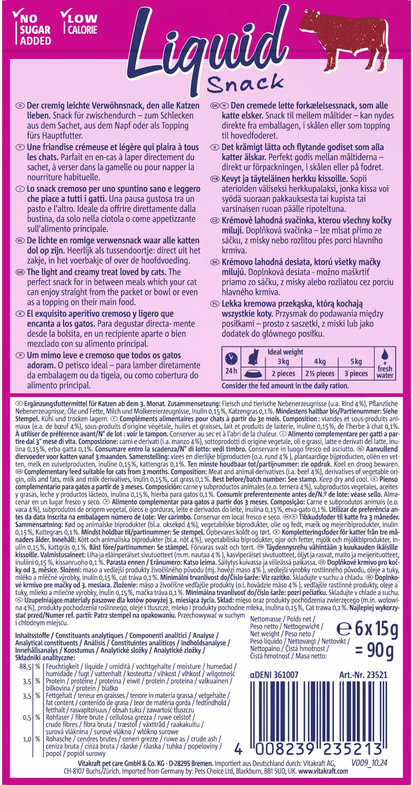Vitakraft Liquid Snack, golosina para Gatos, Snack cremoso para Gatos, con Carne de Vacuno y Hierba para Gatos, en bolsitas Individuales, para una Flora intestinal Sana (1 Paquete con 6X 15g)