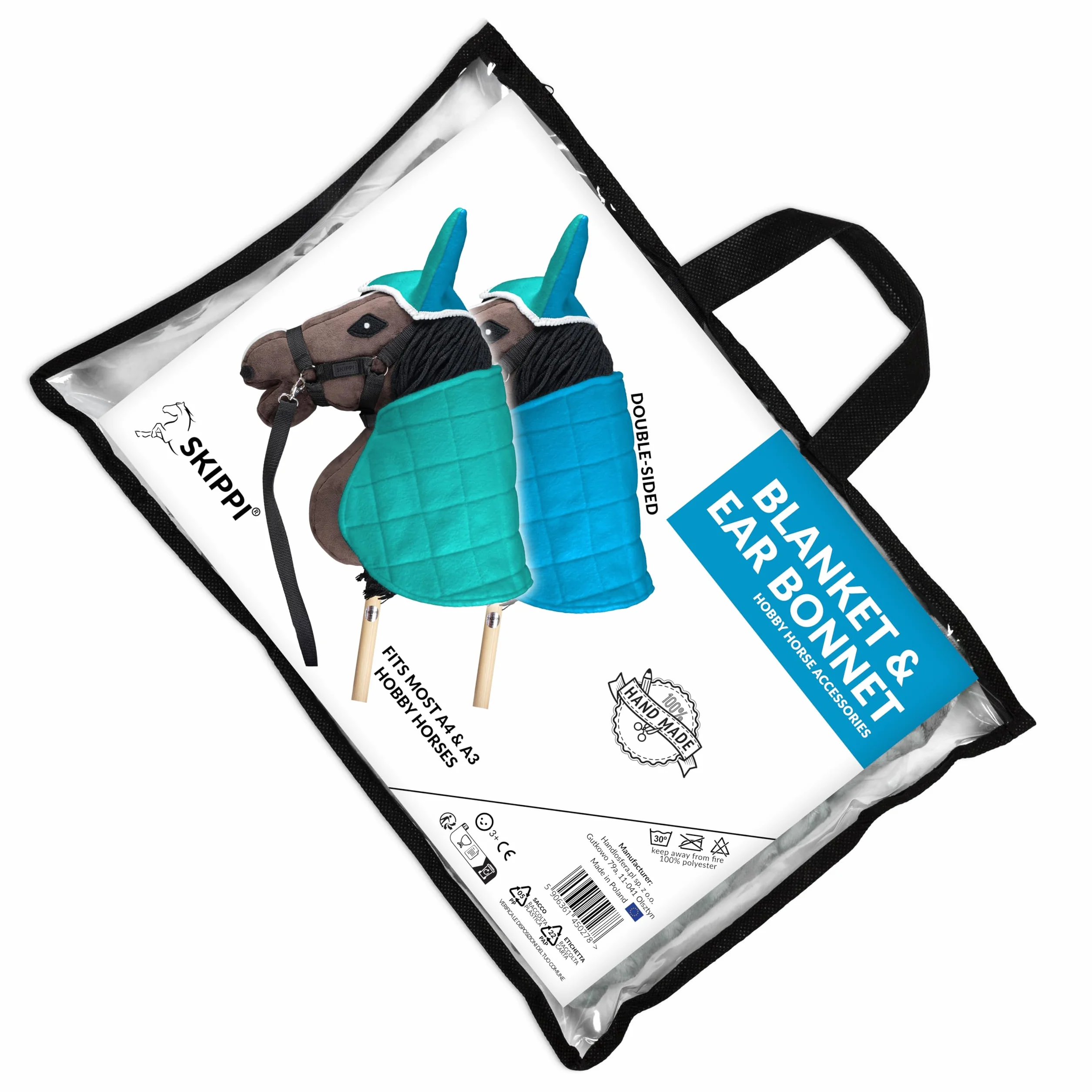 SKIPPI Manta y Orejeras para Caballo Hobby Horse – Menta y Azul, Hobby Horse Accesorios, Manta Reversible y Orejeras Antimoscas para Caballo de Palo, Hobby Horsing
