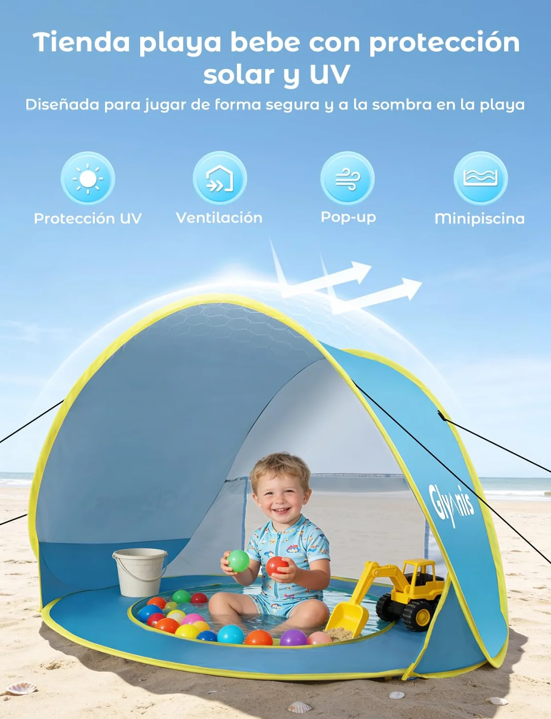 Pop up Tienda de Bebé con Piscina Protección Sol Anti UV 50+ 120x80x70cm