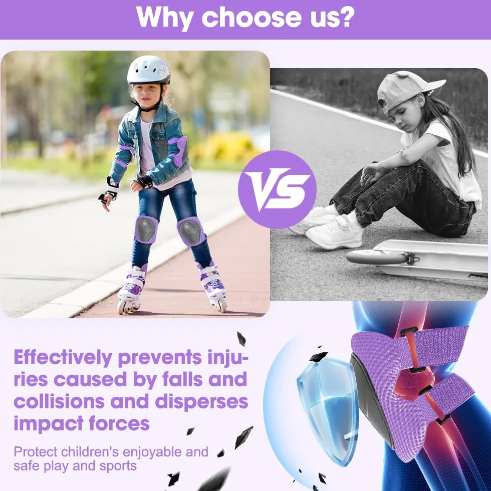Protecciones Patines Set 6 Piezas Rodilleras Coderas Muñequeras Niño Bicicleta Monopatín Morado