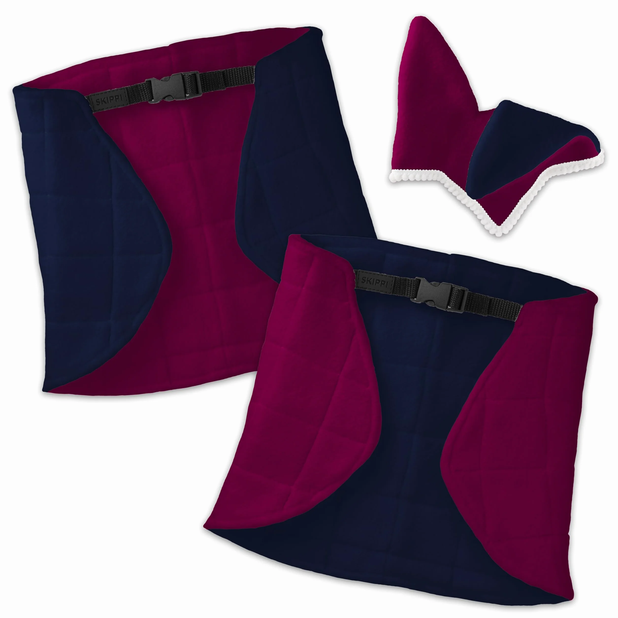 SKIPPI Manta y Orejeras para Caballo Hobby Horse – Fucsia y Azul Marino, Hobby Horse Accesorios, Manta Reversible y Orejeras Antimoscas para Caballo de Palo, Hobby Horsing