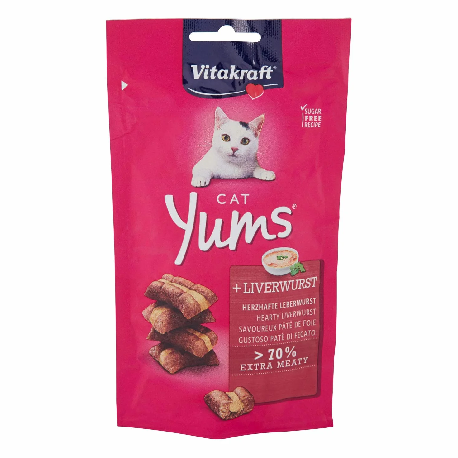 Vitakraft Cat YUMS, golosina para Gatos, Snack Blando para Gatos Relleno de Salchicha de hígado, en Bolsa resellable, sin azúcar añadido (1x 40g)