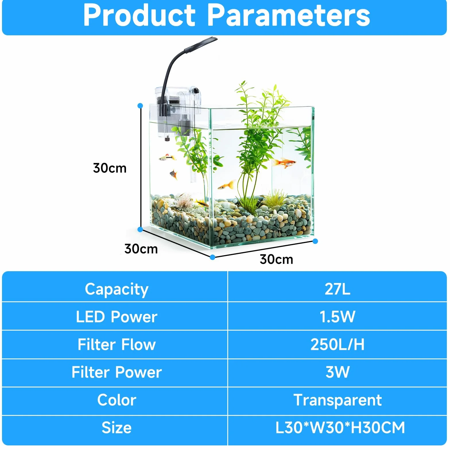 Nobleza - Pecera de Cristal 27 litros con Filtro Integrado e Iluminación LED – Acuario Completo para Principiantes e Iniciación