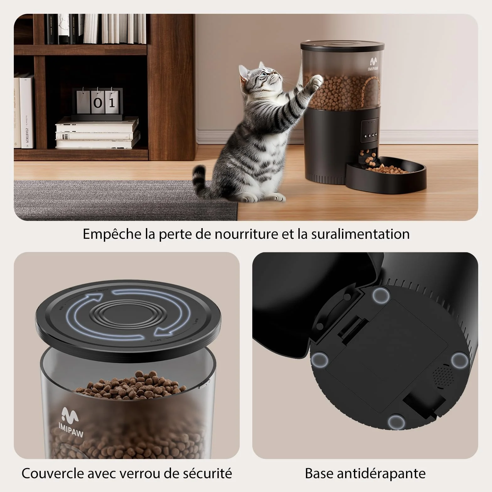 IMIPAW Comedero Gato Automático, 3L Dispensador Comida Gatos y Perros, Control de App, 1-10 Comidas al Día, Liofilizados Compatibles - El Asistente Ideal para los dueños de Mascotas
