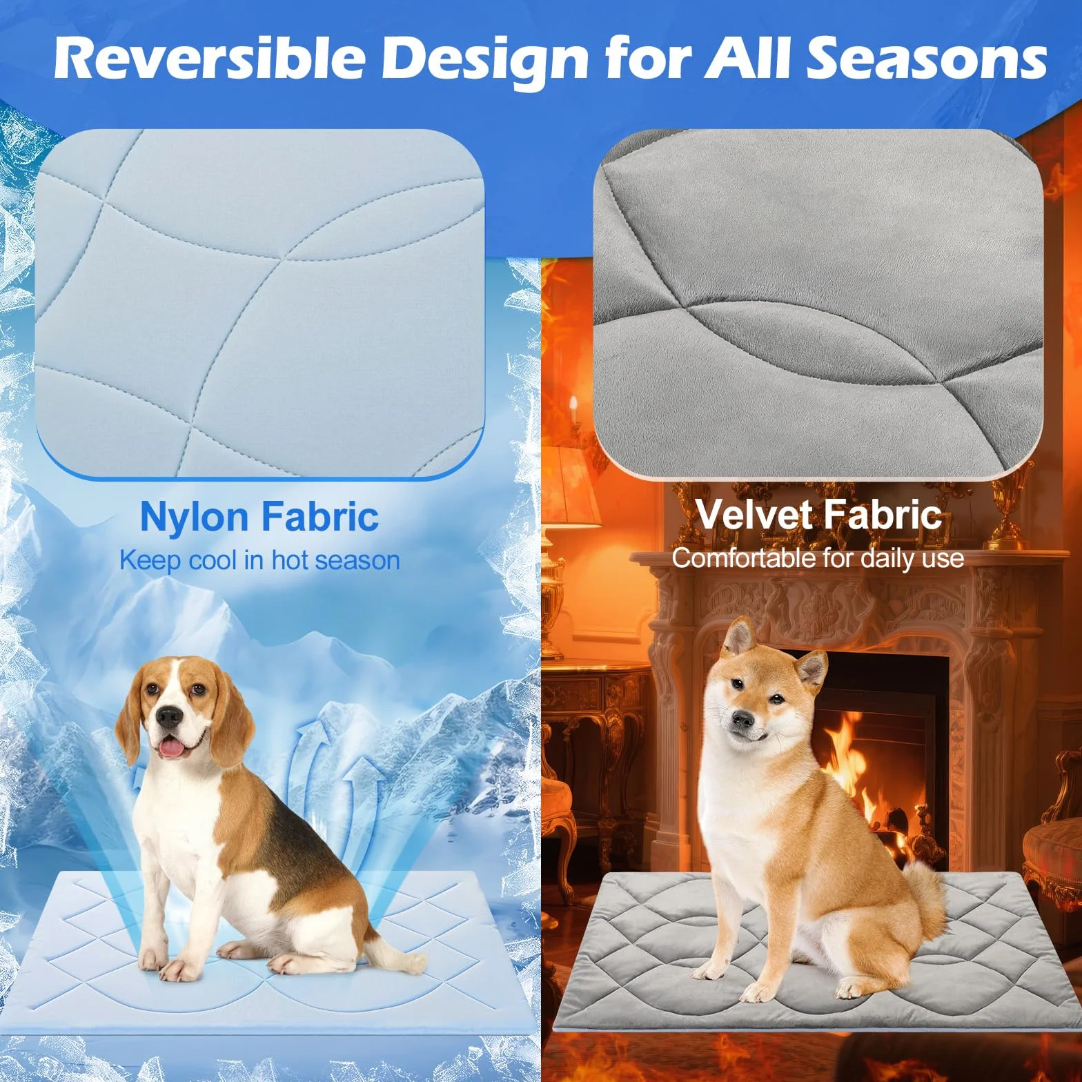 Alfombrilla Refrescante para Perro, 91×58cm (M), Q-MAX>0,4, Alfombrilla Autorrefrigerante para Perro de Doble Cara Reversible (Fresca y Cálida) para Mascotas Verano, Sin Gel, Azul + Gris