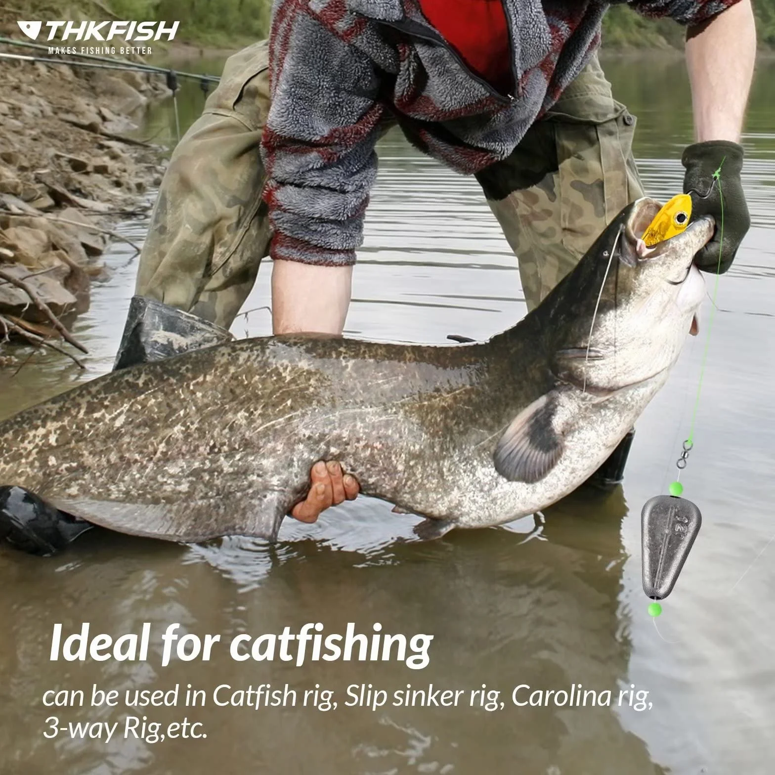 THKFISH Plomos de Pesca No Roll Sinkers Inline para Catfishing 10 Piezas