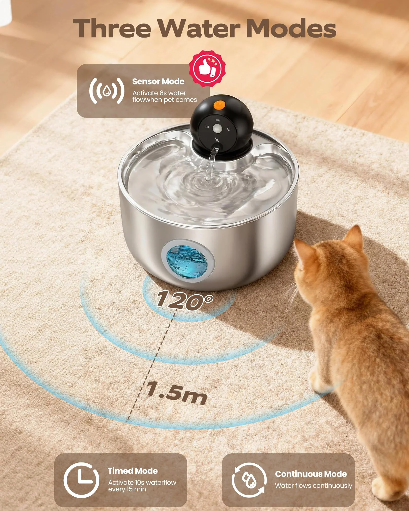 Fuente para Gatos sin Cable: Bebedero Gatos Automatico Acero Inoxidable con Sensor de Movimiento - 2.6L Fuente de Agua para Gato Inalambrica con Bateria Recargable - Dispensador Agua Perros