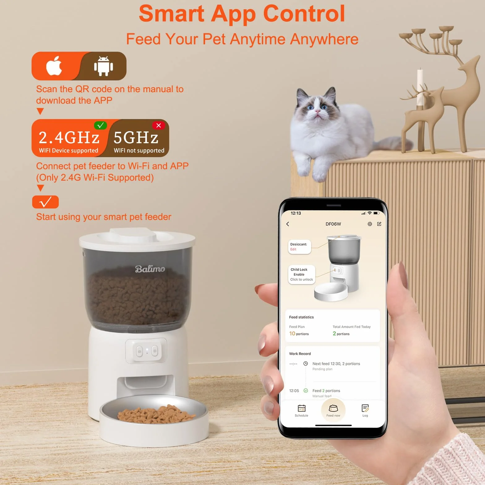 Balimo Comedero Gato Automatico 2.4G WiFi, 3L Dispensador Comida Gatos y Perros con Control de la Aplicación, 10 Comidas por Día, Cuenco de Acero Inoxidable, Blanco