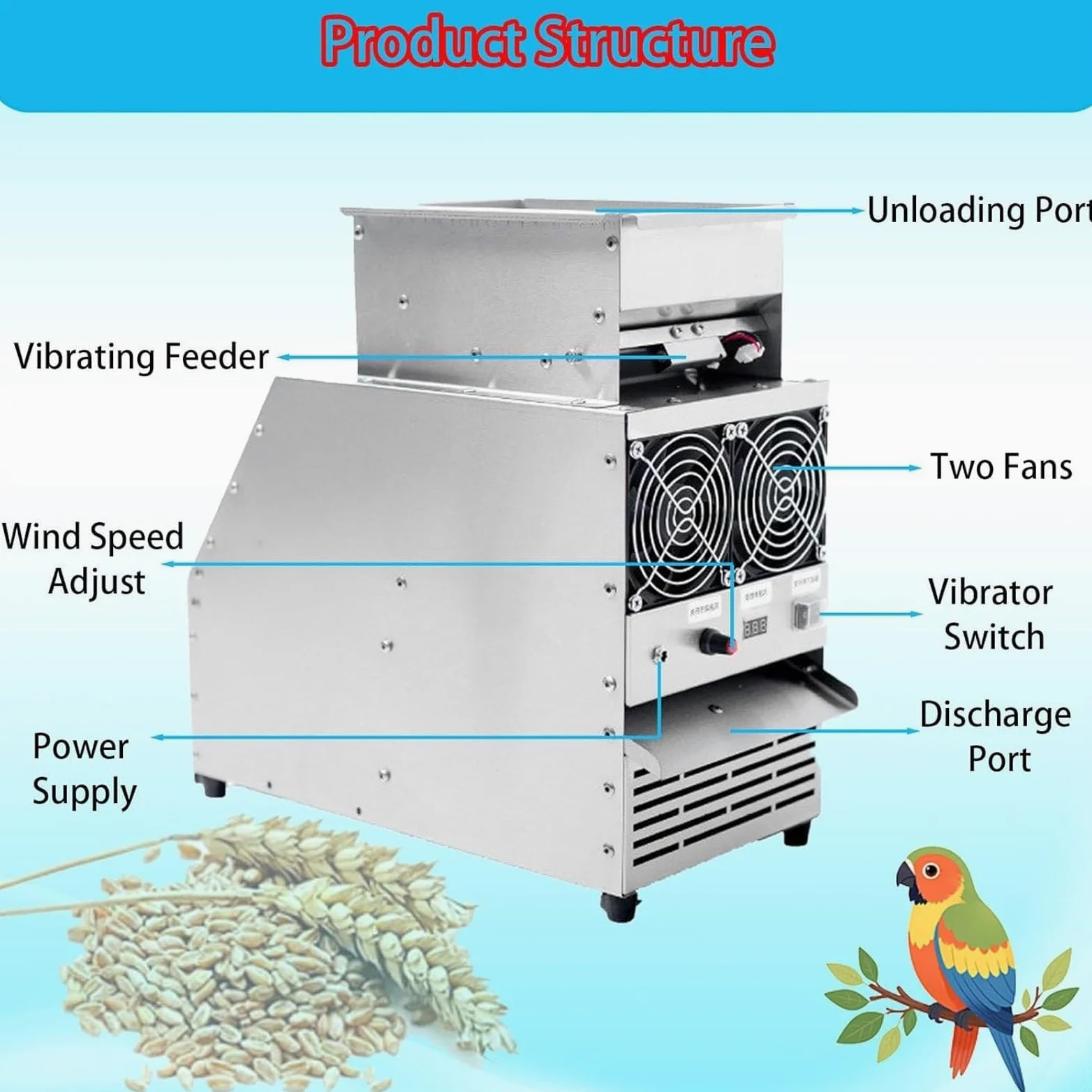 Máquina eléctrica de grano, limpiador de semillas de velocidad ajustable para maíz, cacahuetes, girasol, cereales, solución eficiente de procesamiento de granos