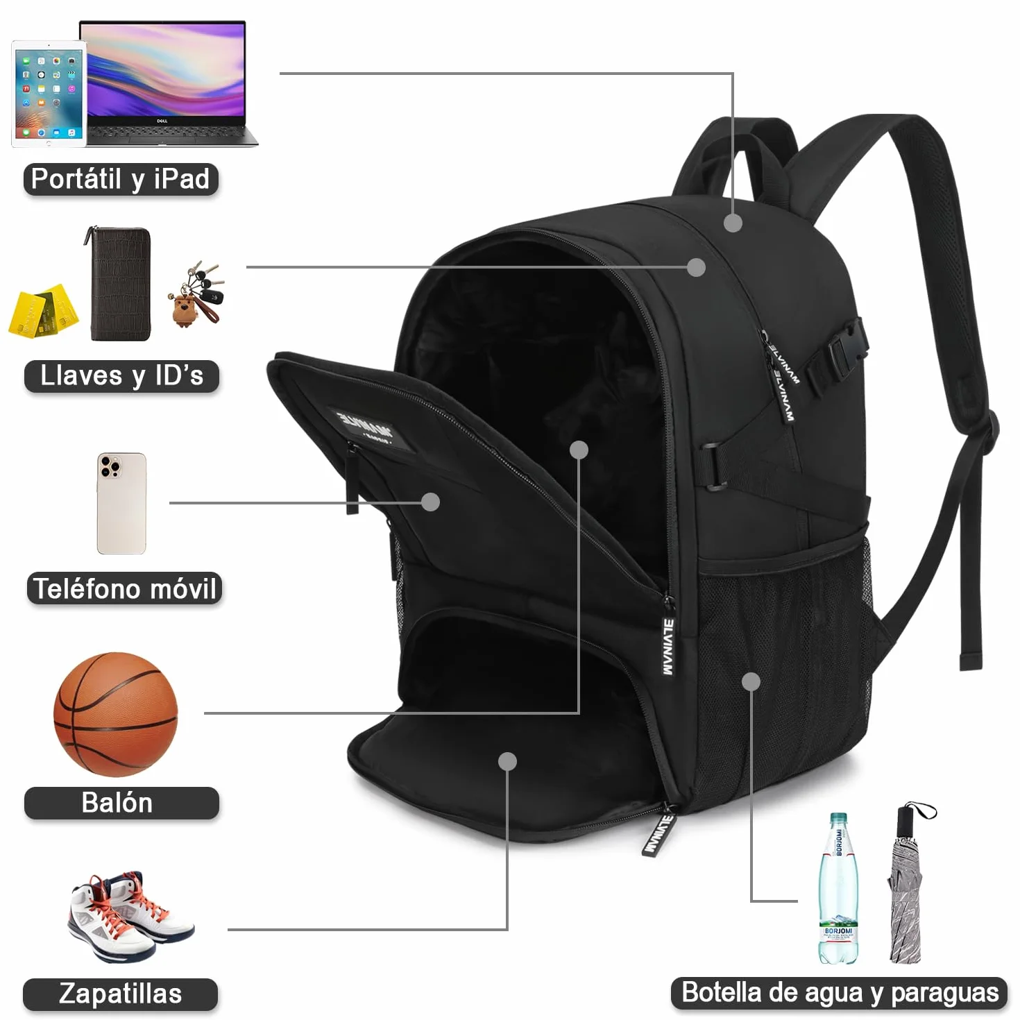 Mochila Baloncesto Impermeable Grande con Compartimento para Balón y Zapatillas